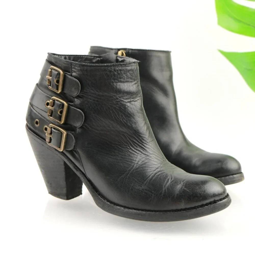 SCHUTZ Womens Sher Boots Size 6.5 Black Leather Triple Buckle Block Heel Booties